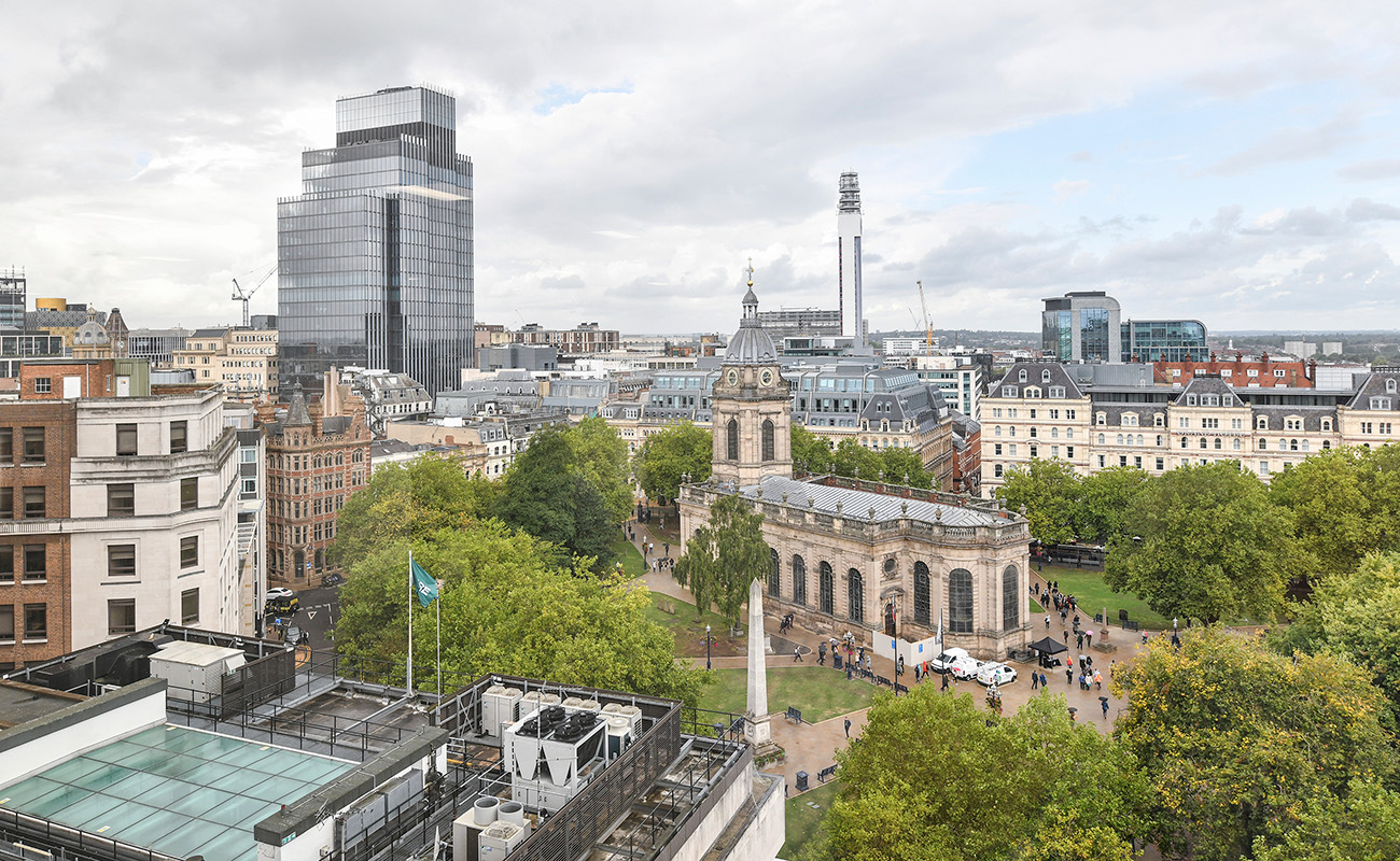Views across the surrounding area, including restaurants and St. Philips Cathedral grounds, from one of the upper floors at Bank House.
